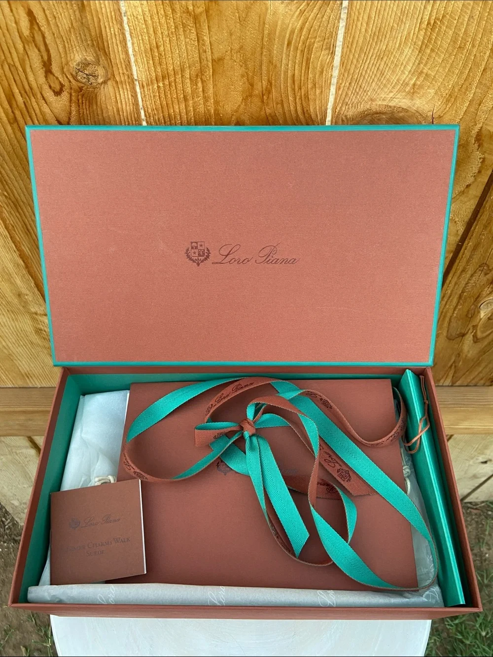 Loro Piana Shoe Box in Classic Rust w/ Turquoise Trim, 2 Dust Bags & Ribbon